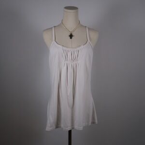 Womens White Basic Tank Top Camisole Gathered Neckline Adjustable Straps